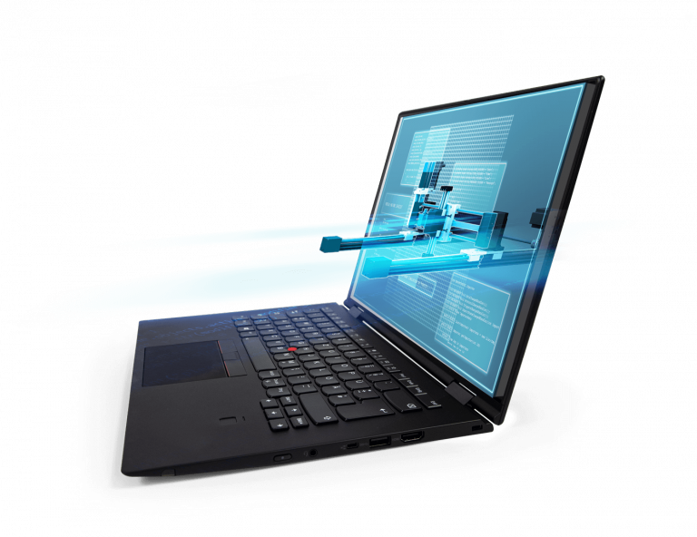 Laptop zeigt virtuelles Modell einer Maschine als Symbol für virtuelle Inbetriebnahme