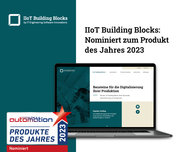 Laptop mit Screenshot der IIoT Building Blocks mit Badge zur Nominierung zum Produkt des Jahres