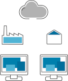 zwei PCs, Fabrik und Cloud als Symbol für zukünftige Softwareentwicklung