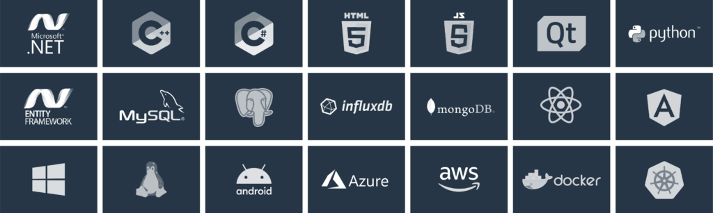 Unser Techstack für Softwareentwicklung: .NET, C++, C#, JavaScript, HTML5, Qt, Python, Entity Framework, MySQL, PostgreSQL, InfluxDB, mongoDB, React, Angular, Windows, Linux, Android, Azure, aws, docker, Kubernetes